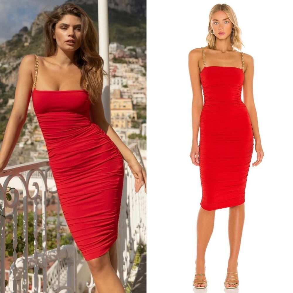 Nookie Red Ruched Midi Dress with Gold Chain Straps